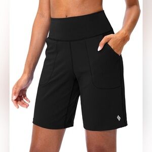 SANTINY Women's Bermuda Shorts High Waist Zipper Pocket Athletic
Running Workout